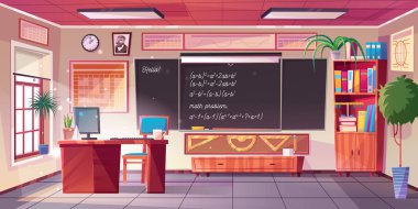 Mathematics classroom interior, empty school class with teacher table, computer, blackboard with algebraic equations, cupboard with textbooks, posters, maths studying room, Cartoon vector illustration clipart