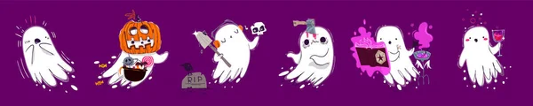 Uppsättning Söta Halloween Spöken Isolerad Bakgrunden Comic Boo Karaktär Rädd — Stock vektor