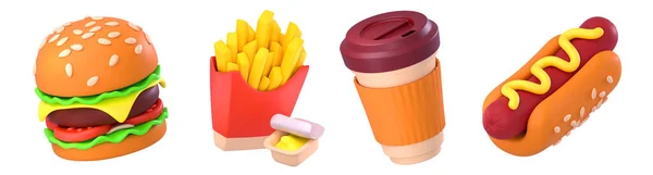 Render Fast Food Burger French Fries Coffee Cup Hotdog Fastfood — Stock Photo, Image