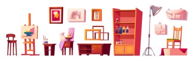 Sanat sınıfı mobilya, sanatçı işleri ve resim dersleri için ekipman. Easel, resim çerçeveleri, tuval, boya ve fırçalar, sandalyeler, lamba ve dolap, vektör karikatür seti