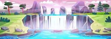 Gün doğumunda şelaleli yaz manzarası. Nehir taşlardan taşar. Şelaleli doğal manzara, yeşil çimen, ağaçlar, kayalar ve güneş sabah ufukta, vektör karikatür çizimi