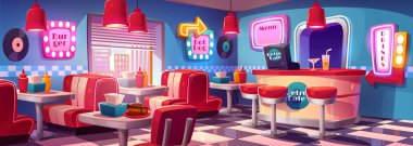 Fast food retro kafe masaları, yüksek sandalyeli kasiyer masası, parlak menü ve tabelalar. Kafeterya, fast food restoranı şehir manzaralı, Çizgi film vektör illüstrasyonu