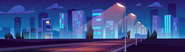 夜に街路灯や都市の建物と車の道路 空の高速道路と都市の風景 夜の暗い空の木や星 ベクトル漫画のイラスト — ストックベクタ