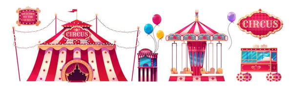 Circus Tent Carousel Ticket Booth Popcorn Cart Carnival Funfair Amusement — Stock Vector