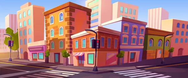市内横断道路 ゼブラ 街路標識 ランプと空の交通交差点 夏の都市の景色 道路インフラ 漫画のベクトルイラスト — ストックベクタ