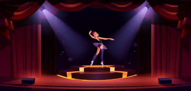 Sahne ışıkları altında tek başına dans eden güzel bir balerin. Kırılgan kızın kırmızı perdelerle süslenmiş aydınlatılmış tiyatro sahnesinde bale yaptığı karikatür vektör çizimi. Klasik sanat sergisi