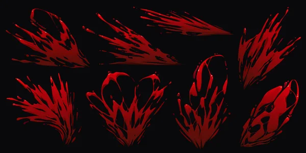 黒の背景に隔離された血または赤の塗料のスプラッシュのセット 表面にこぼれたスカーレット液体物質の漫画ベクトルイラスト ハロウィンホラーデザインのための不気味な汚れのコレクション — ストックベクタ