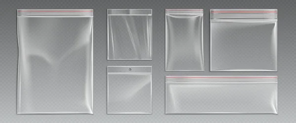 Plastic Ziplock Bags Empty Zip Pouches Isolated Transparent Background Waterproof — Stock Vector
