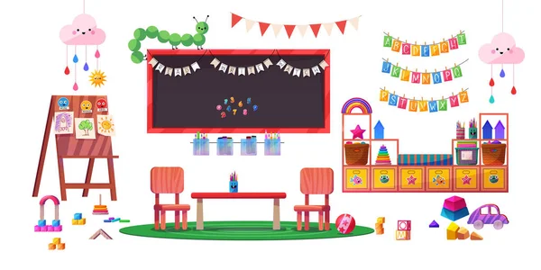 Kindergarten Primary School Interior Design Elements Vector Cartoon Illustration Furniture — Stock Vector