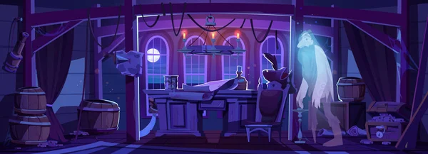 海盗的鬼魂晚上在船舱里黑暗的船长房间 里面有旧椅子 木制桌子 已故水手的地图和灵魂 矢量卡通画 — 图库矢量图片