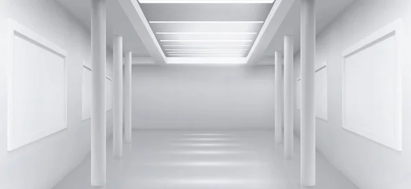 白い空のアートギャラリー 抽象的な部屋の背景 博物館展示ホール3Dレンダリング 壁や柱には空白の枠が掛けられ天井にはスポットライトがかけられ — ストックベクタ