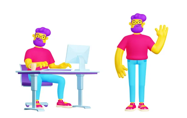 3D渲染了一组在电脑上工作的富有创造力的年轻人 他们站在那里 挥手与白色背景隔离 当代设计风格的男主角坐在桌旁 微笑着 做手势致意 — 图库照片