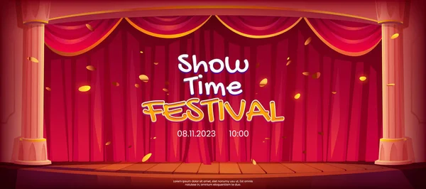 Spectacle Temps Bannière Festival Scène Théâtre Rideaux Rouges Colonnes Confettis — Image vectorielle