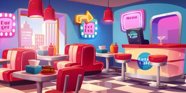 Retro kafe, Amerikan lokantası masaları, kırmızı kanepeler ve para kutusu olan tezgah. Fast food, burger, sosisli ve şekerli eski tarz restoran, vektör karikatür çizimi