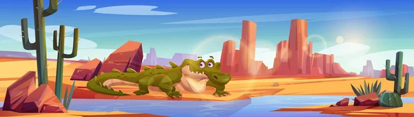 Крокодил Африканской Пустыне Рекой Песком Кактусами Горами Пейзаж Пустынного Оазиса — стоковый вектор