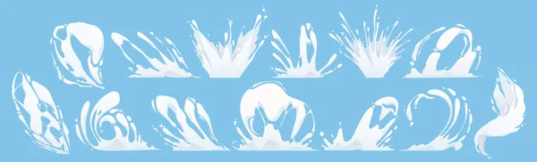 Set Cartoni Animati Latte Vernice Spruzzi Isolati Sfondo Blu Illustrazione — Vettoriale Stock