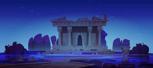 Bruten Gammal Tempelbyggnad Natten Gammal Grekisk Eller Romersk Arkitektur Med — Stock vektor
