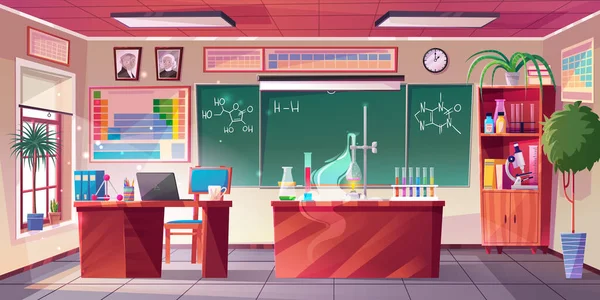 Kelas Kimia Interior Vektor Gambar Kartun Ruang Sekolah Dengan Meja - Stok Vektor