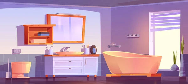 卡通浴室室内设计 肥皂瓶 放在有大窗户和花盆的清洁房间架子上的毛巾的病媒图解 家庭舒适和卫生 — 图库矢量图片