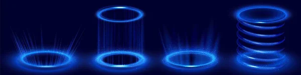 Hologram Effect Circle Digital Portals Blue Neon Light Futuristic Podiums — Stock Vector