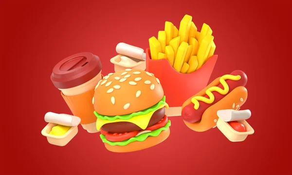 Udělat Fast Food Burger Hranolky Šálek Kávy Hotdog Omáčka Balení — Stock fotografie