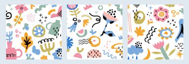 Çağdaş çiçek desenleri. Beyaz arka planda el çizimleri, yapraklar, yaratıcı şekiller ve karalama tasarım elementlerinin vektör çizimi. Soyut, pürüzsüz arkaplan koleksiyonu