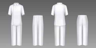 Şef kıyafetleri, beyaz ceket ve pantolon, aşçı üniforması, gömlek ve pantolon önden ve arkadan. Münferit restoran personeli kıyafeti, resmi kıyafet, giysi, gerçekçi 3D vektör illüstrasyonu.