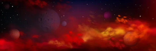 Реалистичный Космический Фон Планетами Звездами Туманными Облаками Ярко Красном Оранжевом — стоковый вектор