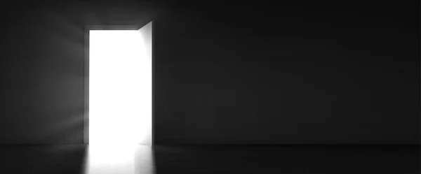 光の輝き 白い太陽の光と出口の概念を持つオープンドアは 暗い部屋の入り口から輝き 光線や神秘的な輝きを入力するには 現実的な3Dベクトルのイラストを招待 — ストックベクタ