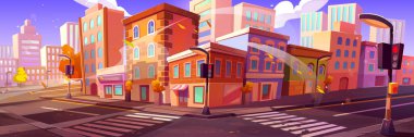 Autumn City caddesinin köşesinde binalar, yaya geçidi, boş yollar ve trafik ışıkları var. Çizgi film evleri, dükkanlar ve kafelerin vektör çizimi, mavi gökyüzünün altında kabarık bulutlu sarı yapraklı ağaçlar.