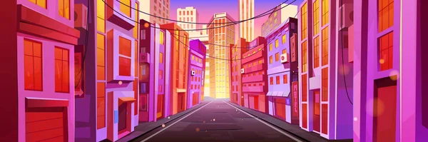 早朝の道路 歩行者天国の朝のドライブウェイ ピンクの太陽の下でのビルが見える街の通り 都市建築 メガロポリスインフラ漫画のベクトル図 — ストックベクタ