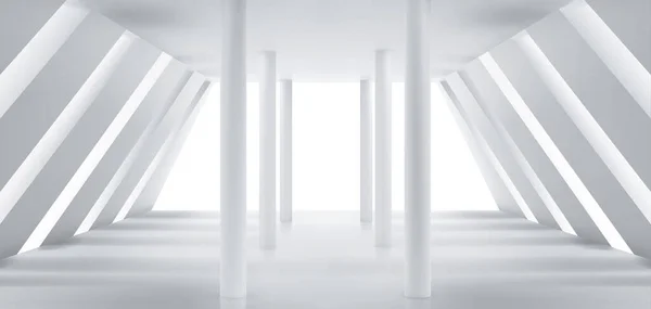 ギャラリー オフィスや家の空の近代的なホールのインテリア 傾斜した白い壁と廊下 視野の列とニッチ ベクトル現実的なイラスト — ストックベクタ