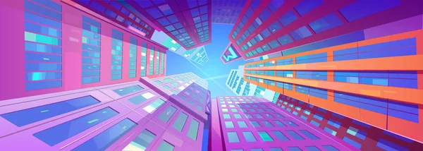 早朝の都市の青い空に対する高層ビルでの低角度ビューは ガラス窓に反映されます 高層ビル 日の出ピンクの光と高層都市建築 漫画のベクトル図 — ストックベクタ