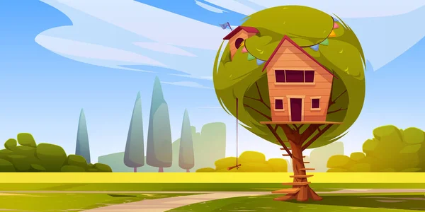 Casa Del Árbol Dibujos Animados Parque Verde Bajo Cielo Azul — Archivo Imágenes Vectoriales