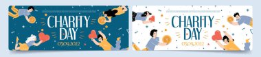 İnsanların para bağışladığı yardım günü posterleri. Uluslararası bağış etkinliği için vektör pankartları ve gönüllüler para ve kalp veren gönüllü karakterlerin düz illüstrasyonuyla gönüllü olmak