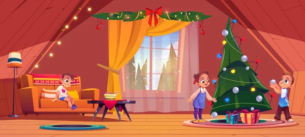 아이들은 집에서 크리스마스 트리를 장식합니다 동생은 쇠공에 매달린 장난감을 소나무 — 스톡 벡터