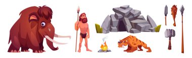 Mağara adamı, taş devri karikatür ikonlarındaki tarih öncesi ilkel insan. Sakallı mağara adamı, elinde mızrak ve antik hayvan silahı olan kürk giyer. Mamut ve kılıç dişli kaplan izole edilmiş vektör çizimi.