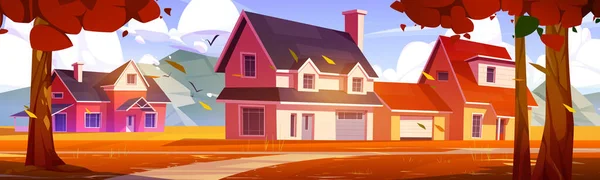 明るいオレンジの木 未舗装の経路と青い曇りの空と秋の風景で郊外のコテージの家 住宅街 2階建ての建物のある田舎町 漫画のベクトルイラスト — ストックベクタ