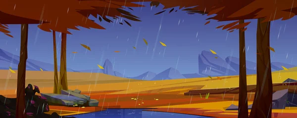 Дождь Осеннем Лесу Дикий Природный Пейзаж Мультфильм Фоне Лужи Рябин — стоковый вектор