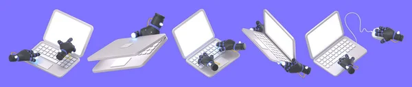 3d render robot hands with laptop, cyborg arms working on computer keyboard with mouse, closed and open notebook device, modern supplies for work, Illustration in cartoon plastic style