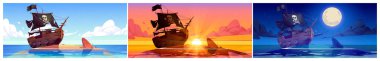 Broken pirate ship on sea island at night, sunset and afternoon. Vector cartoon illustrations of ocean landscape with sand beach and old corsair boat after shipwreck at different times of day clipart