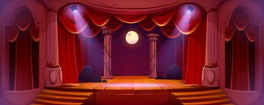 Theater stage with red curtains, spotlights and moon. Theatre interior with empty wooden scene, stairs, velvet drapes and decoration, music hall, opera, drama cartoon background, Vector illustration clipart