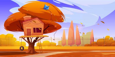 Ağaç ev, çimen ve çitlerle dolu bir sonbahar manzarası. Merdiveni olan ahşap ağaç ev, parkta ya da bahçede çocuklar için salıncak, vektör karikatür çizimi