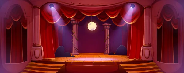 剧场舞台上有红色的窗帘 聚光灯和月亮 剧场内部 有空旷的木制场景 天鹅绒窗帘和装饰 音乐厅 戏剧背景 矢量插图 — 图库矢量图片