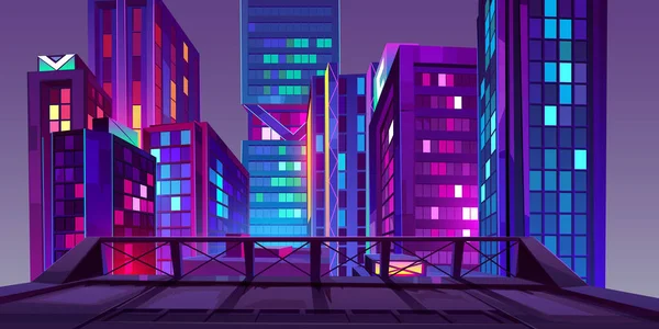 Night City Neon Glowing Illumination View Roof Urban Cityscape Background — Stock Vector