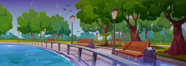 Quay in city park at rain landscape with river bay, wooden benches, green trees, litter bins and street lamps in wet rainy summer weather. Embankment walkway background, Cartoon vector illustration