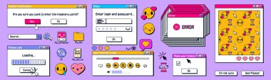 Y2k pencereler, geriye dönük ekranlar, buhar dalgası vintage tarzı. Bilgisayar tarayıcısı ve yükleme süreci çubuğu, video oynatıcı, pc masaüstü hata ileti kutusu ve açılır kullanıcı arayüzü ögeleri, vektör ux kümesi