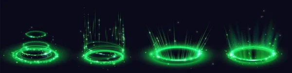 Cirkel Digitale Portalen Neon Lichtplatforms Met Gloed Vonken Geïsoleerd Zwarte — Stockvector