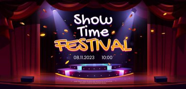 Gösteri zamanı festival afişi, tiyatro sahnesi, podyum, sahne ışıkları, kırmızı perdeler ve konfeti düşüyor. Ödül töreni, konser, müzik veya dans performansı için davetiye ilanı, Çizgi film vektör illüstrasyonu
