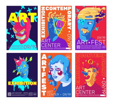 Çağdaş sanat poster şablonları seti. Renkli soyut portrelerin vektör çizimi, yaratıcı desenleri olan garip erkek ve kadın yüzleri. Kültürel etkinlik, sergi veya gösteri için moda broşürler